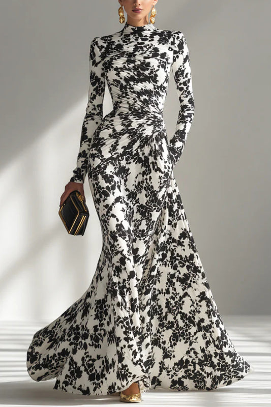 Black and White Color-blocked Printed Long-sleeved Pocket Slim-fit Pleated Maxi Dress