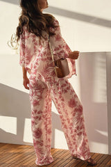 Linen Blend Botanical Print Loose-fitting Top and Elastic Waist Wide-leg Casual Pants Set