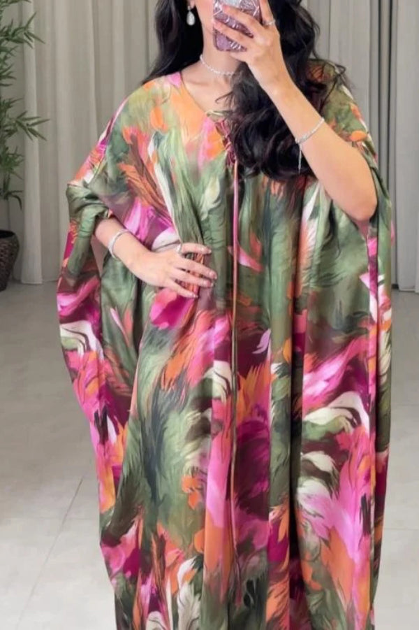 Unique Printed Loose V-Neck Kaftan Robe Maxi Dress