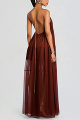 Flowing Lightweight Chiffon Chain Halter Neck Detail Backless A-line Maxi Dress