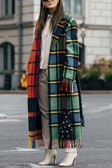 Fashionable Color-block Plaid Print Lapel Long-sleeved Casual Long Coat