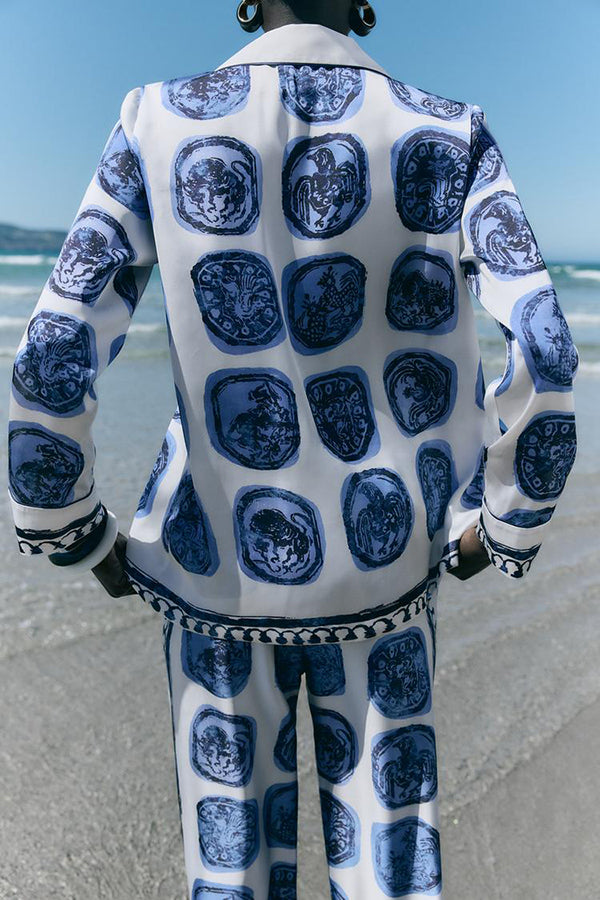 Unique Print Lapel Long Sleeve Shirt and Elastic Waist Wide Leg Pants Set