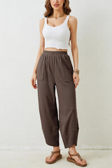 Solid Color Casual Elastic Waistband Wide-leg Pants