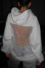 Fashionable Shiny Mesh Hollow Back Loose Long-sleeved Hooded Sweatshirt