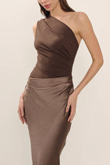 Kaia Satin Contrast Fabric Patchwork One Shoulder Ruched Maxi Dress