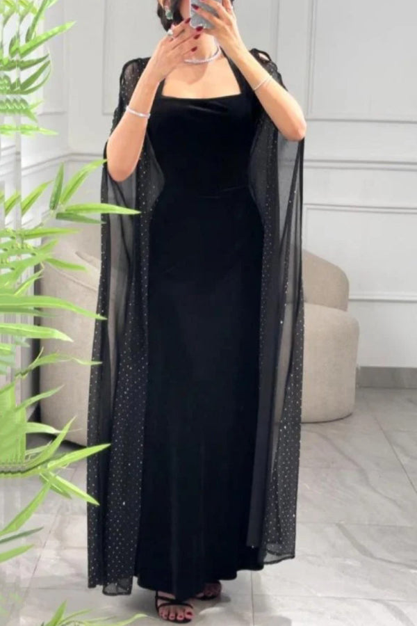 Solid Color Velvet Square Neck Slim Fit Rhinestone Maxi Dress