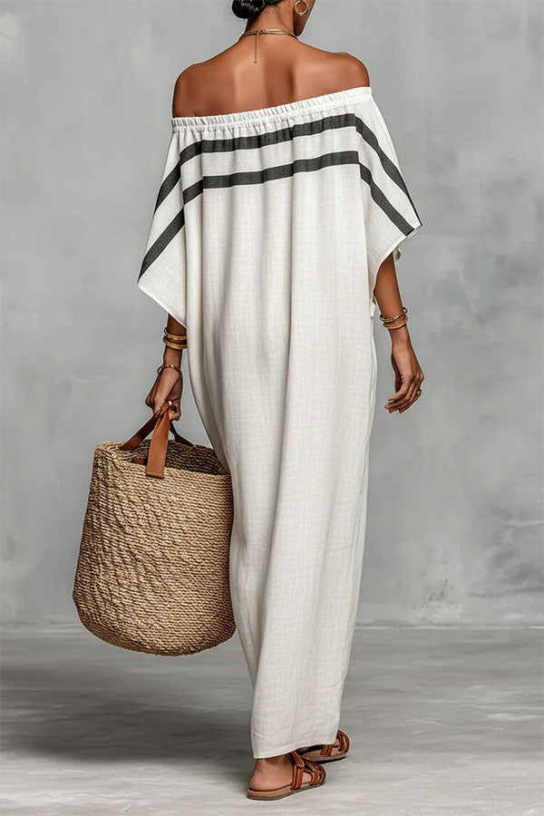 Bella Linen Blend Striped Print Off Shoulder Half Wide Sleeve Loose Maxi Dress