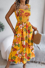 Plant Print Suspenders Pleated Holiday Beach Midi Dress