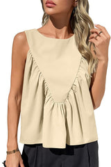 Solid Color Round Neck Sleeveless Pleated Loose Vest