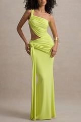 Sexy One-shoulder Backless Ribbon Pleated Slim Maxi Dress