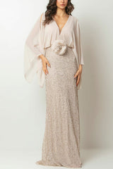 Aleina Chiffon Batwing Sleeve Flower Embroidered Waist Sequin Fabric Maxi Dress