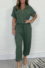 Solid Color Lapel Short Sleeve Casual Pocket Loose Jumpsuit