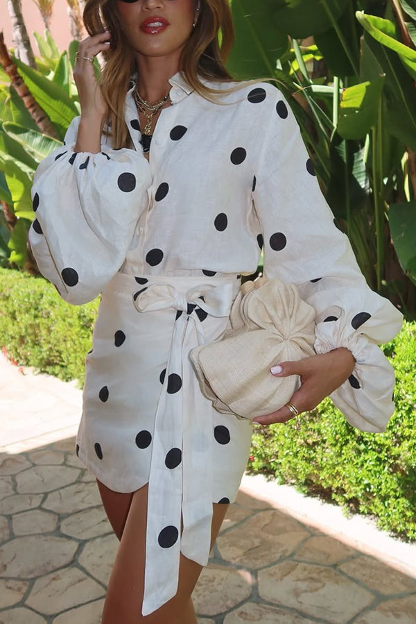 Effortlessly Linen Blend Polka Dot Balloon Sleeve Blouse and Wrap Tie-up Loose Mini Skirt Set