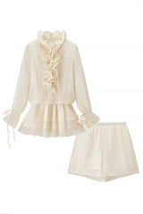 Fashionable Flower-decorated V-neck Loose Top and Elastic Waist Casual Shorts Set