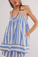 Striped Print Suspender Loose Pocket Top and Elastic Waist Casual Shorts Set
