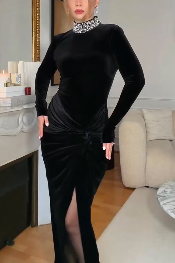 Love Lost Velvet Embellished High Neck Long Sleeve Twist Slit Maxi Dress