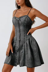 Fashionable Patchwork Suspender Zipper Slim Denim Mini Dress