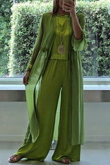 Solid Color Long Cardigan + Round Neck Casual Top and Elastic Waist Wide Leg Pants Three-piece Set