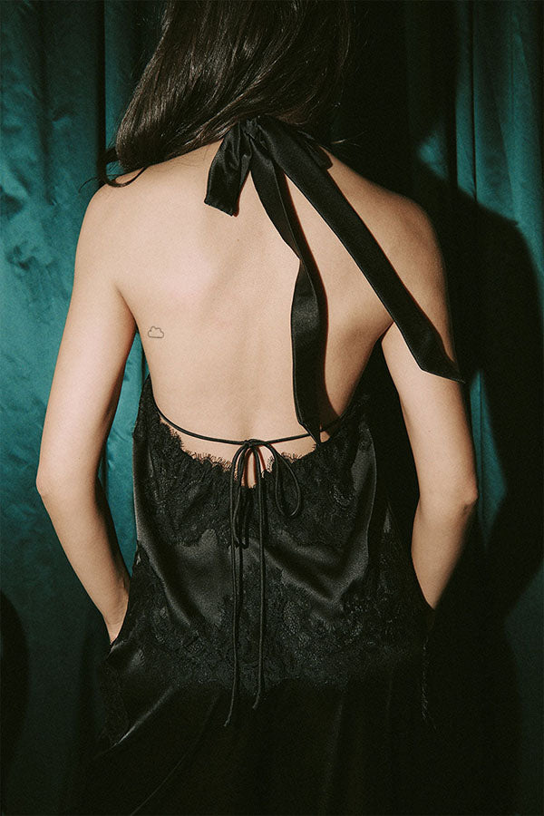 Elegant Morning Satin Lace Trim Halter Tie-up Tank and Elastic Waist Loose Pants Set