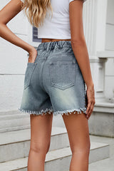 Fashion Rivet Raw Edge Casual Elastic Waist Denim Shorts