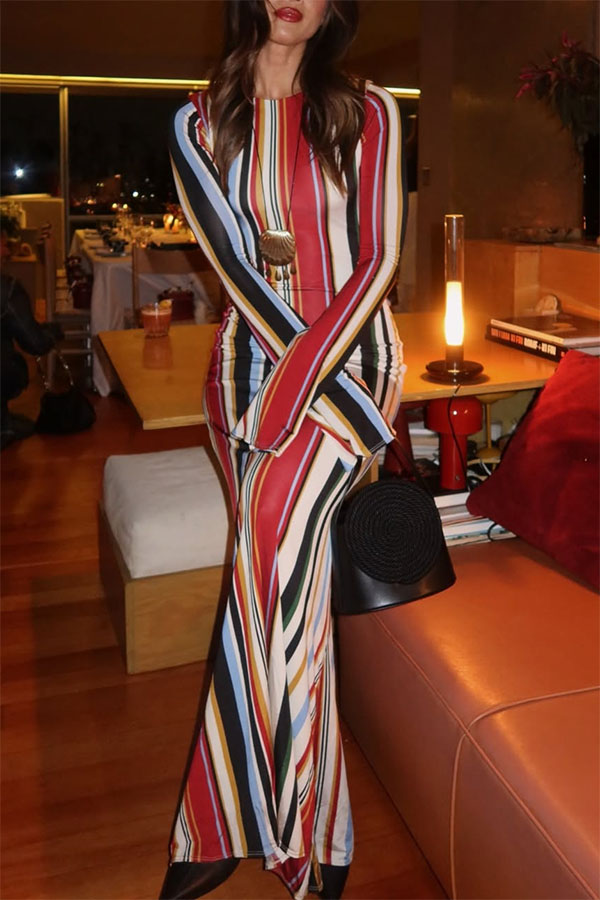 Vibrant Holiday Colorful Striped Print Extra Long Sleeve Fitted Flared Maxi Dress