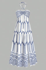 Bohemian Holiday Style Unique Print Halter Neck Tie Slit Midi Dress