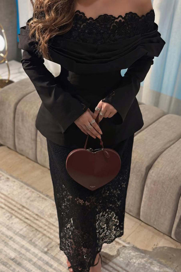 Elegant Patchwork Lace Off-shoulder Pleated Long-sleeved Slim-fit Midi Dress