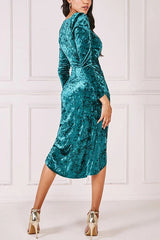 Solid Color Velvet Long-sleeved Slim-fit Slit Midi Dress
