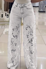 Fashion Hollow Lace Stitching Casual Pocket Denim Wide-leg Pants