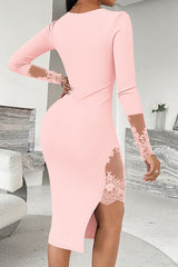 Sexy Lace Paneled Square Neck Slim-fit Slit Midi Dress