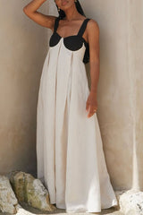 Jordina Linen Blend Colorblock Cups Backless Tie-up Loose Maxi Dress