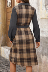 Retro Plaid Patchwork Casual Belt Workplace Style Midi Dress