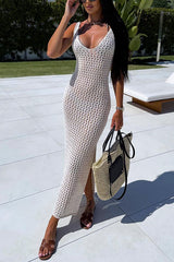 Solid Color V-neck Hollow Beach Knitted Cover-up Midi Dress