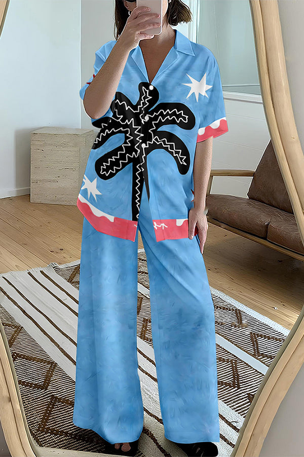 Abstract Graffiti Print Oversized Blouse and Elastic Waist Pocketed Pants Set