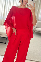 Vanie Chiffon Cape Batwing Sleeve Top and High Waist Pocket Wide Leg Pants Set