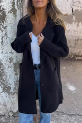 Solid Color Knitted Cable Knit Long Sleeve Loose Pocket Long Coat