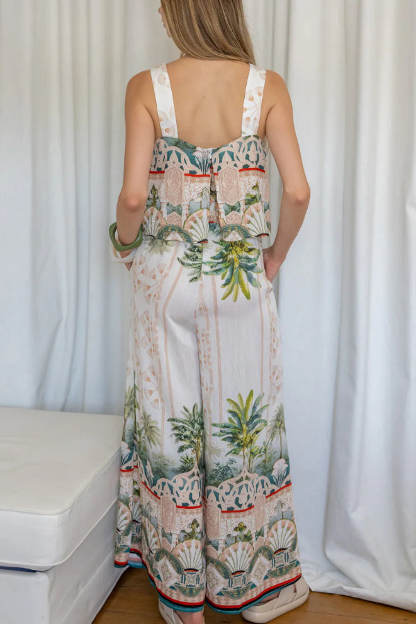 Unique Printed Casual Elastic Waist Pockets Loose Wide-leg Pants