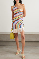 Eline Knit Colorful Zigzag PatternOne Shoulder Ruched Tassle Trim Mini Dress