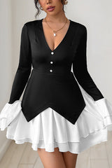 Fashionable Contrast Color Panel Long Sleeve Ruffled Mini Dress