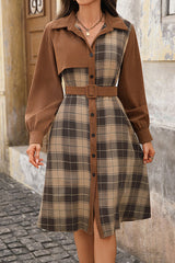 Retro Plaid Patchwork Casual Belt Workplace Style Midi Dress