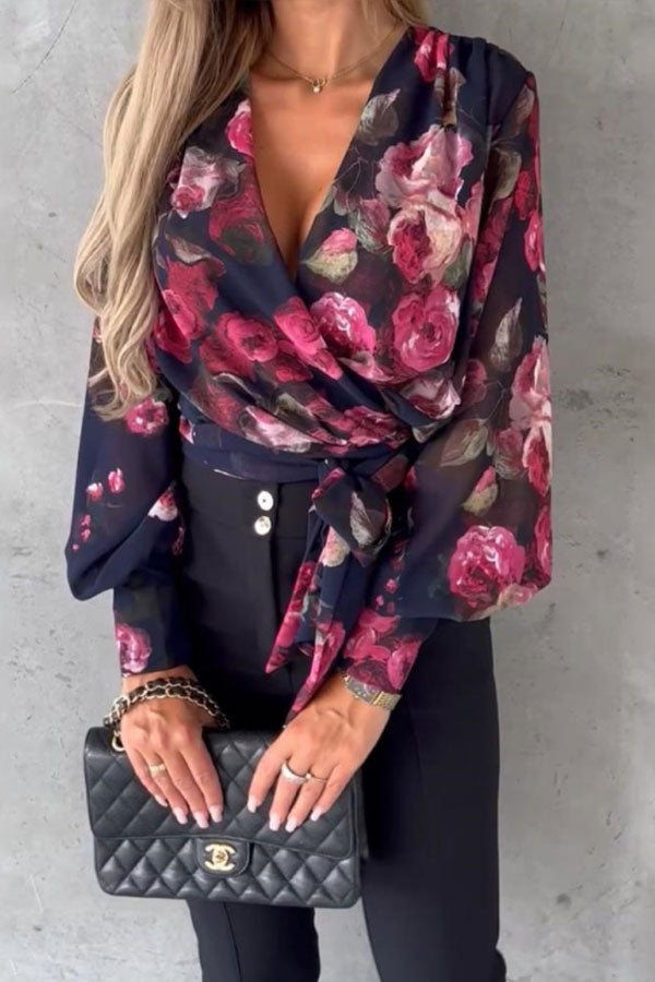 Se V-neck Print Tie Blouse
