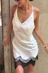 Sexy Lace Paneled V-neck Halter Back Mini Dress