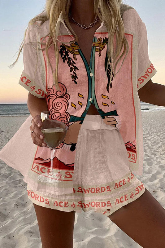 Tarot Print Loose Button Elastic Waist Shorts Set