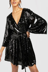 Solid Color Loose Sequined V-neck Tie Mini Dress