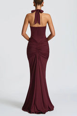 Solid Color Elegant Halterneck V-neck Open Back Tie Gathered Maxi Dress