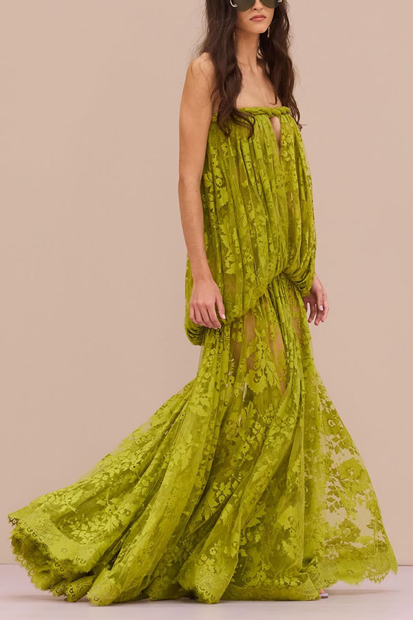 Romantic Era Sheer Floral Lace Off Shoulder Braid Cutout Detail Drape Maxi Dress