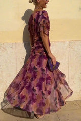 Unique Printed V-Neck Waisted Mesh Holiday Maxi Dress