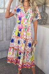 Bohemian Resort Style Print Casual Short Sleeve Button Midi Dress