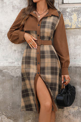 Retro Plaid Patchwork Casual Belt Workplace Style Midi Dress