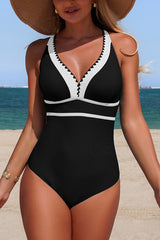 Stylish Color-blocked V-neck Stretch One-piece Swimsuit